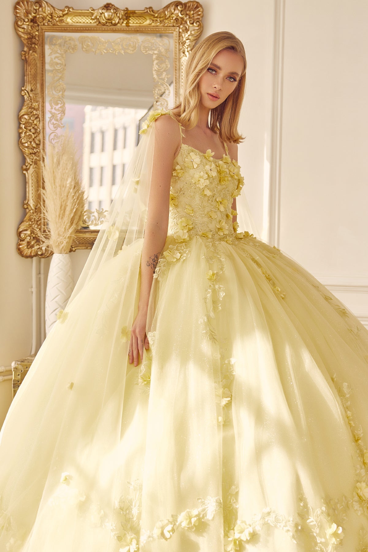 Long Tulle Cape With 3D Flowers Applique Long Quinceanera Dress JT1436-Quinceanera Dress-smcfashion.com