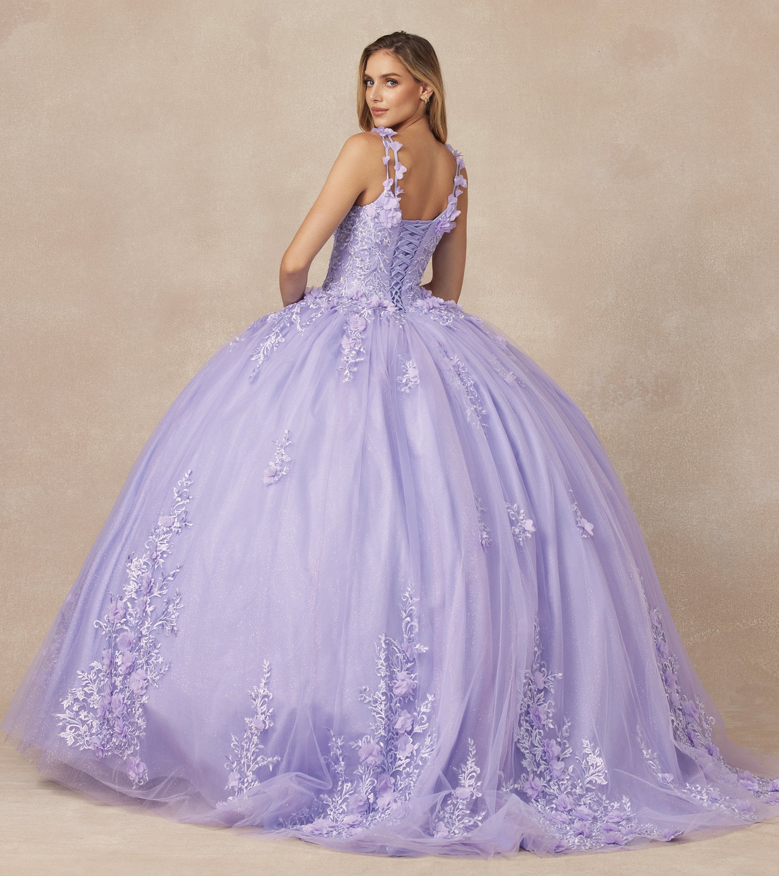 Floral Applique 3D Flowers Straps Long Quinceanera Dress JT1437-Quinceanera Dress-smcfashion.com