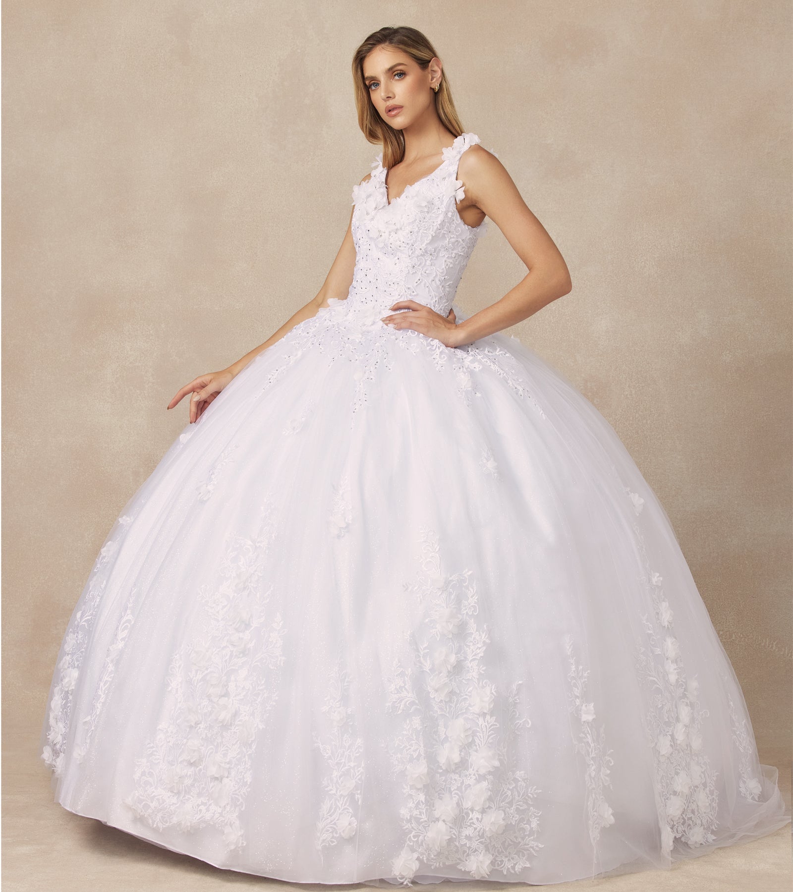 Floral Applique 3D Flowers Straps Long Quinceanera Dress JT1437-Quinceanera Dress-smcfashion.com