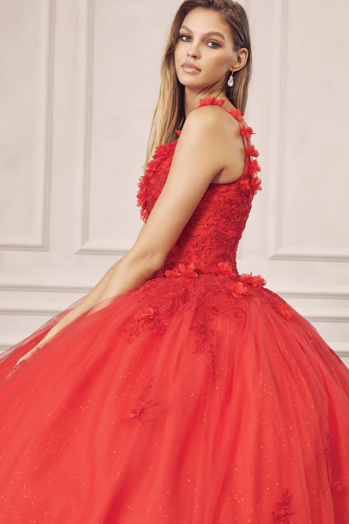 Floral Applique 3D Flowers Straps Long Quinceanera Dress JT1437-Quinceanera Dress-smcfashion.com