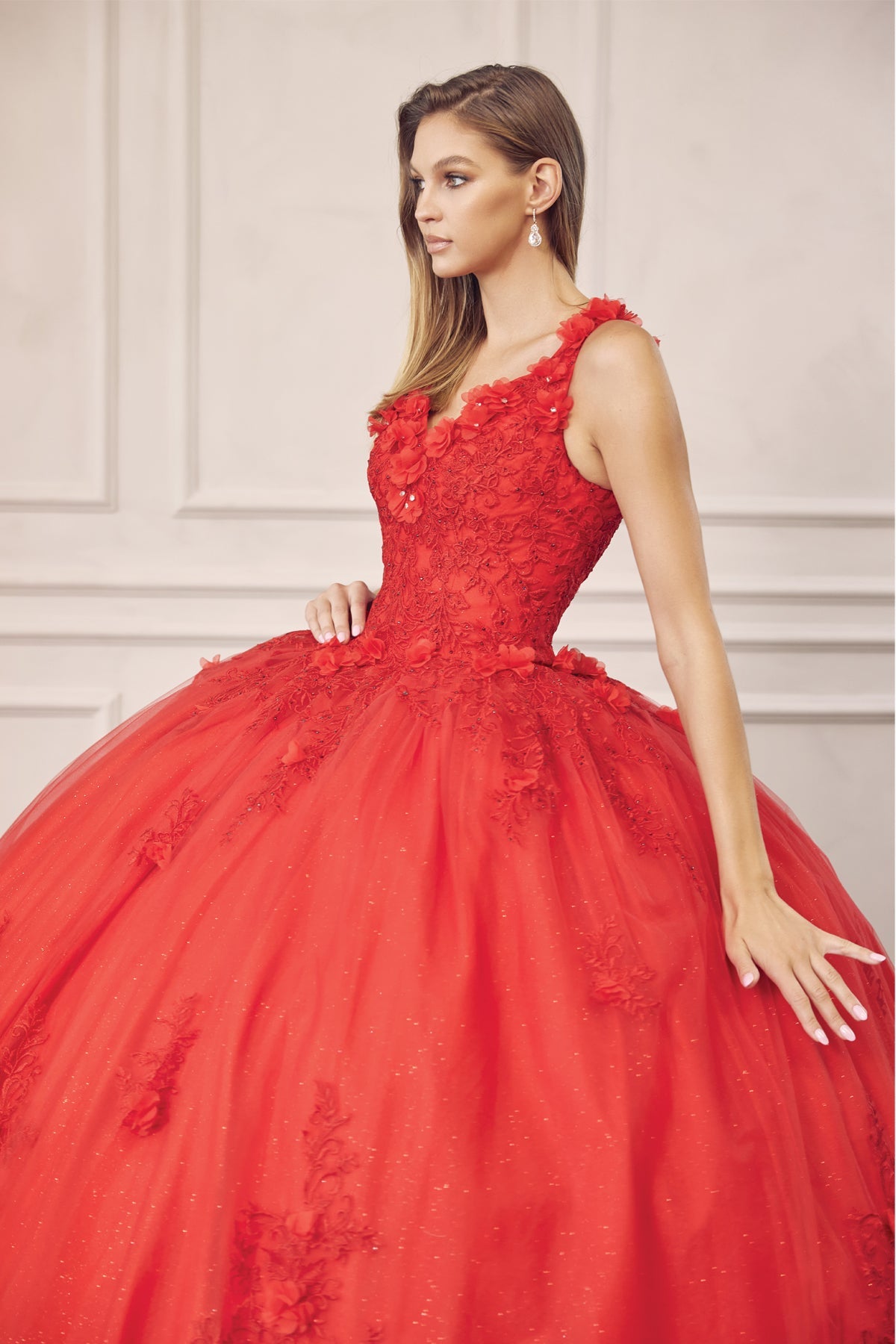 Floral Applique 3D Flowers Straps Long Quinceanera Dress JT1437-Quinceanera Dress-smcfashion.com