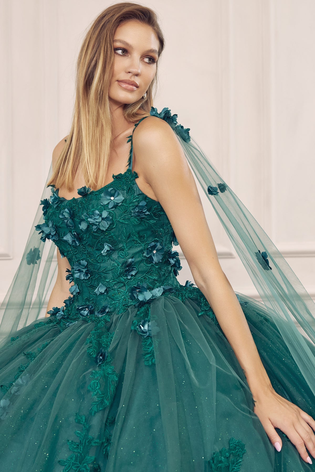 Long Tulle Cape With 3D Flowers Applique Long Quinceanera Dress JT1436-Quinceanera Dress-smcfashion.com