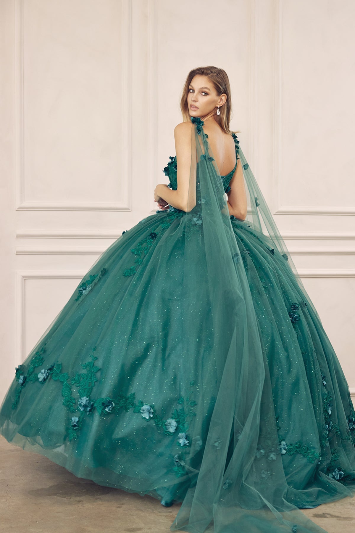 Long Tulle Cape With 3D Flowers Applique Long Quinceanera Dress JT1436-Quinceanera Dress-smcfashion.com