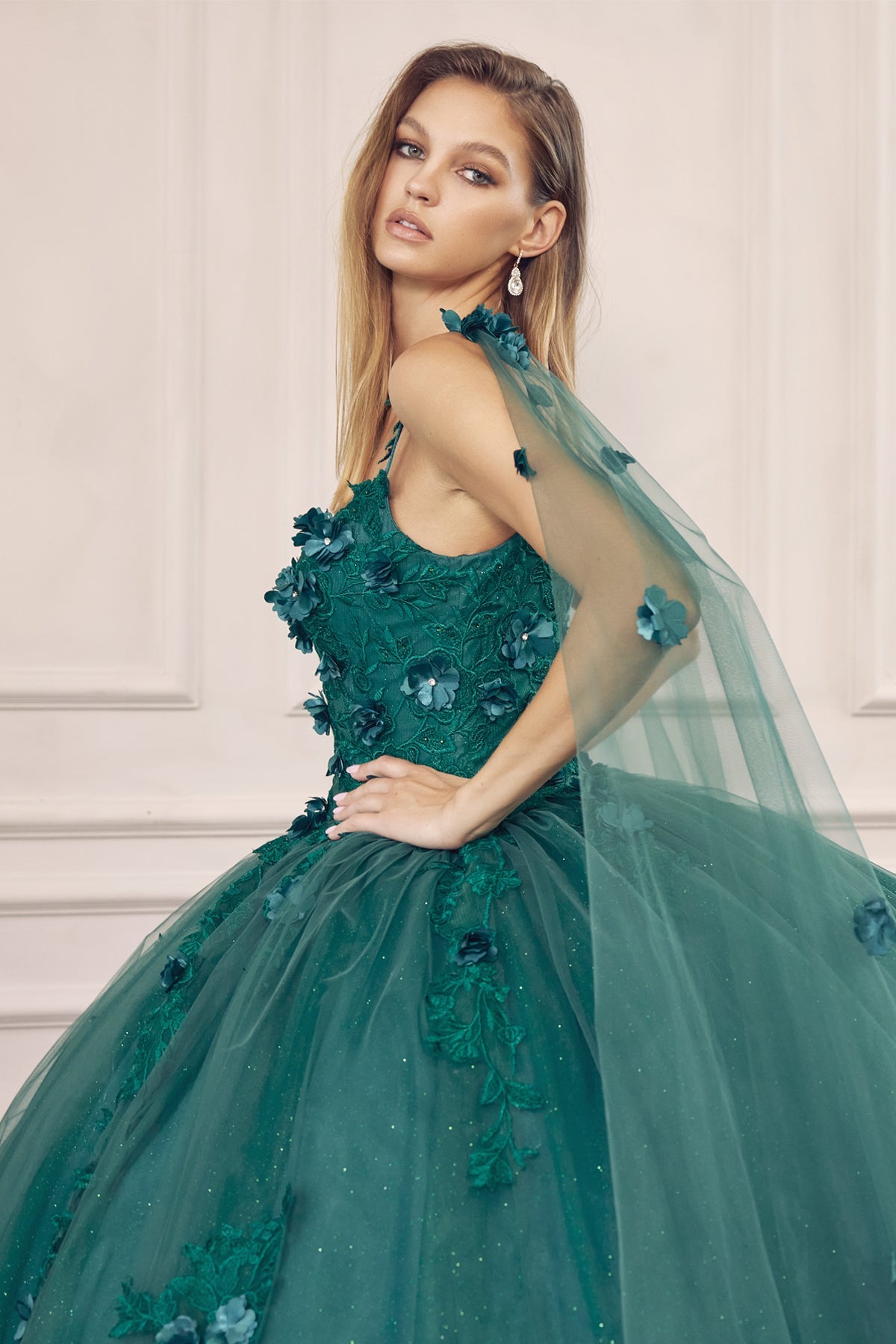 Long Tulle Cape With 3D Flowers Applique Long Quinceanera Dress JT1436-Quinceanera Dress-smcfashion.com