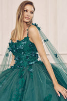 Long Tulle Cape With 3D Flowers Applique Long Quinceanera Dress JT1436-Quinceanera Dress-smcfashion.com