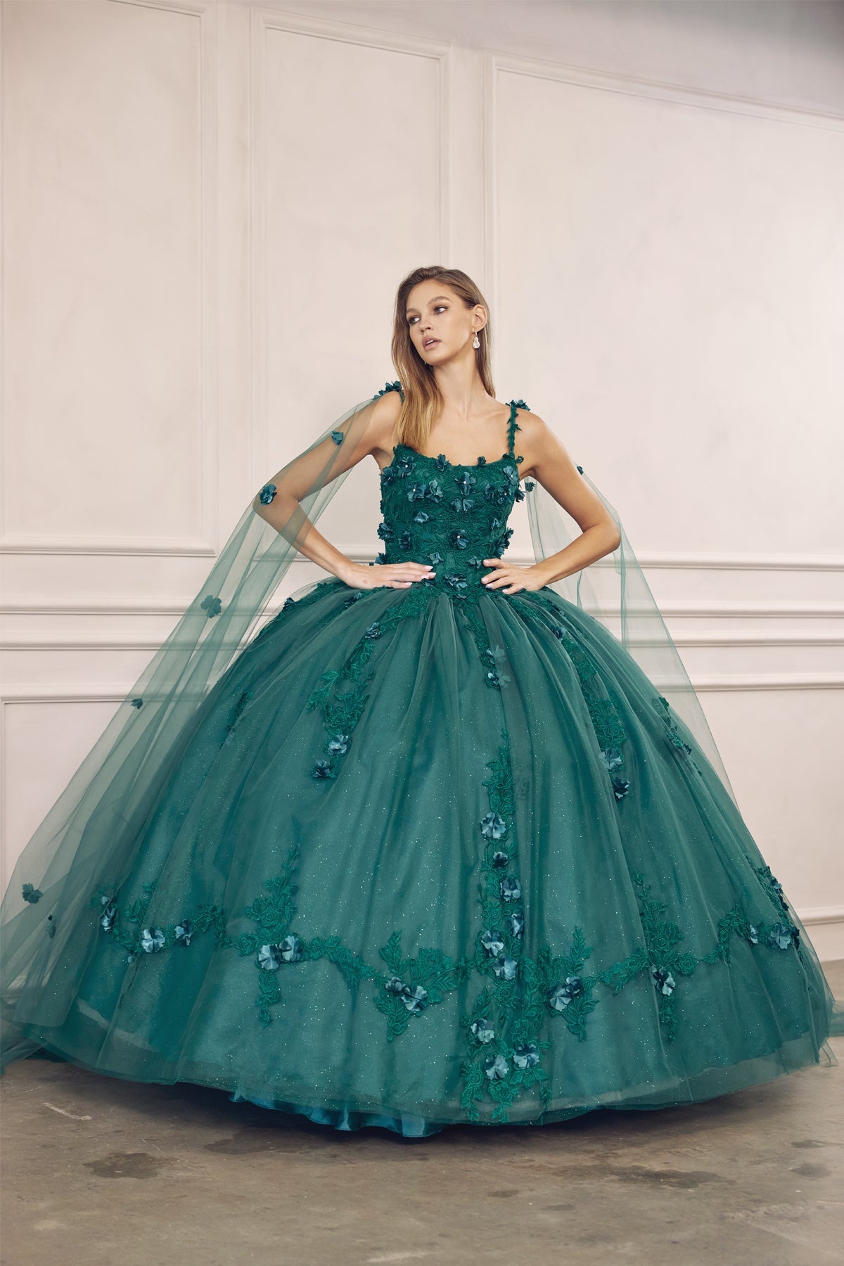 Long Tulle Cape With 3D Flowers Applique Long Quinceanera Dress JT1436-Quinceanera Dress-smcfashion.com