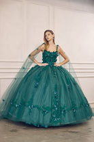 Long Tulle Cape With 3D Flowers Applique Long Quinceanera Dress JT1436-Quinceanera Dress-smcfashion.com