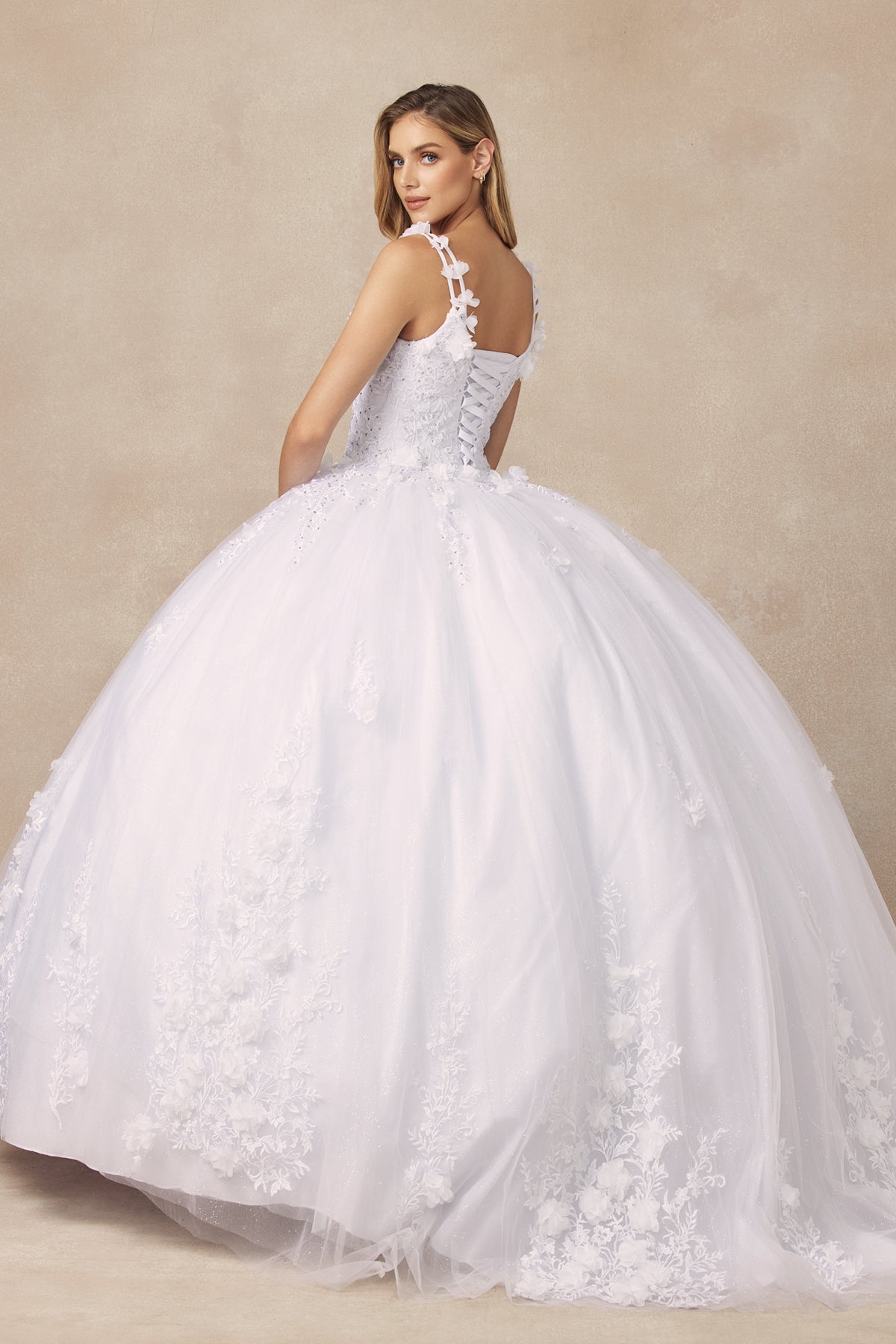 Floral Applique 3D Flowers Open Corset Back Long Wedding Dress JT1437W-Wedding Dress-smcfashion.com
