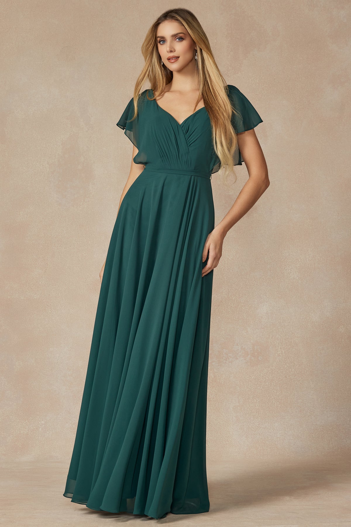 Flutter Sleeve Cascade Back Chiffon Long Bridesmaid Dress JT261-Bridesmaid Dress-smcfashion.com