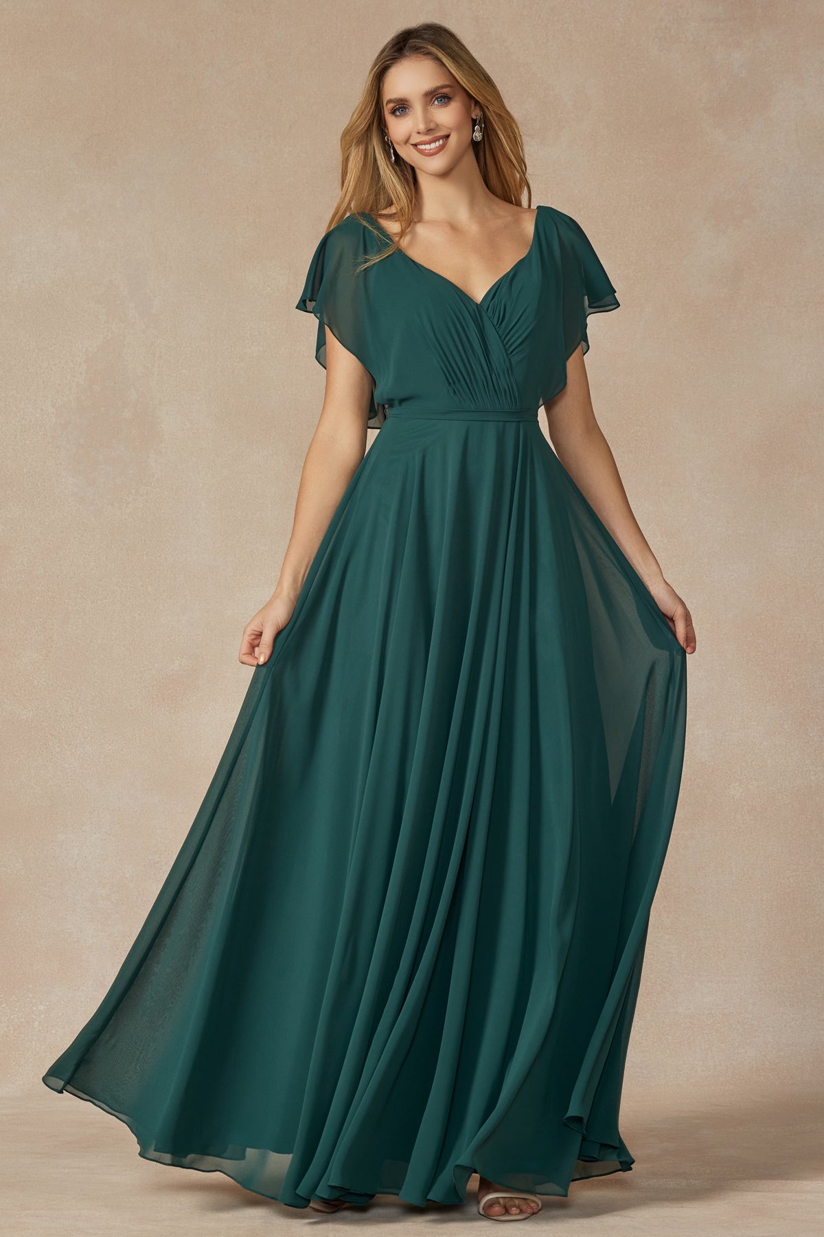 Flutter Sleeve Cascade Back Chiffon Long Bridesmaid Dress JT261-Bridesmaid Dress-smcfashion.com