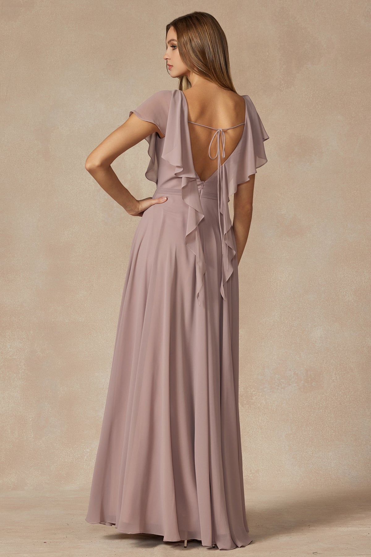 Flutter Sleeve Cascade Back Chiffon Long Bridesmaid Dress JT261-Bridesmaid Dress-smcfashion.com