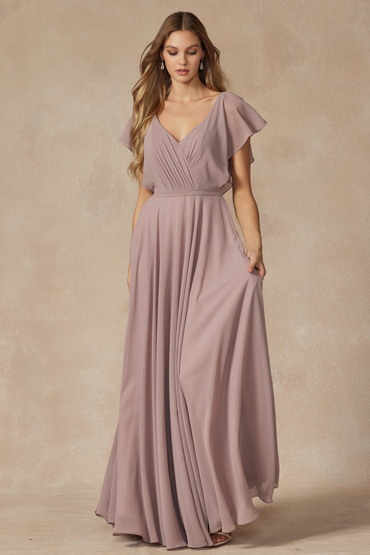 Flutter Sleeve Cascade Back Chiffon Long Bridesmaid Dress JT261-Bridesmaid Dress-smcfashion.com
