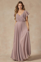 Flutter Sleeve Cascade Back Chiffon Long Bridesmaid Dress JT261-Bridesmaid Dress-smcfashion.com