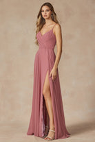 Chiffon V-Neck Open Back Side Slit Straps Long Bridesmaid Dress JT263-Bridesmaid Dress-smcfashion.com