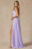 Chiffon V-Neck Open Back Side Slit Straps Long Bridesmaid Dress JT263-Bridesmaid Dress-smcfashion.com