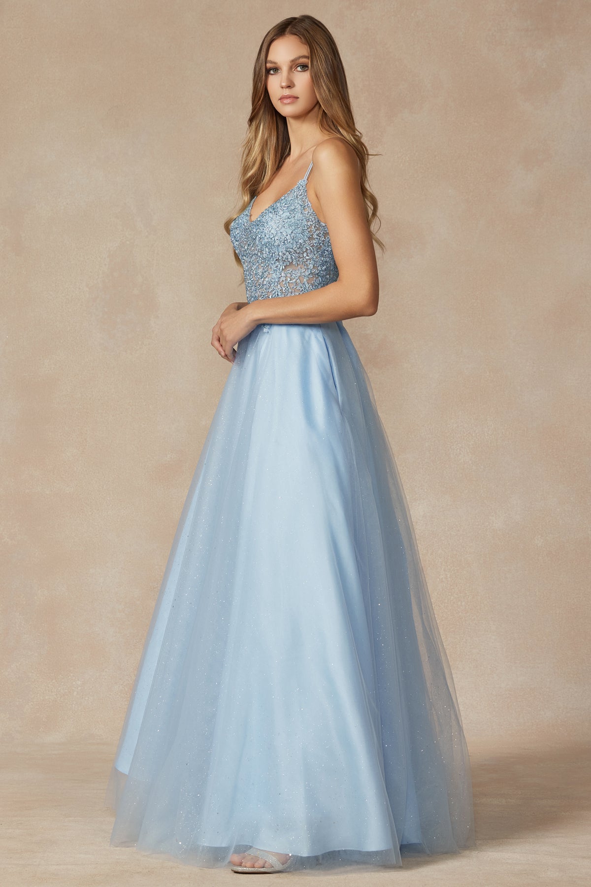 Tulle Skirt Embroidered Bodice Open Criss Cross Back Long Prom Dress JT268-Prom Dress-smcfashion.com