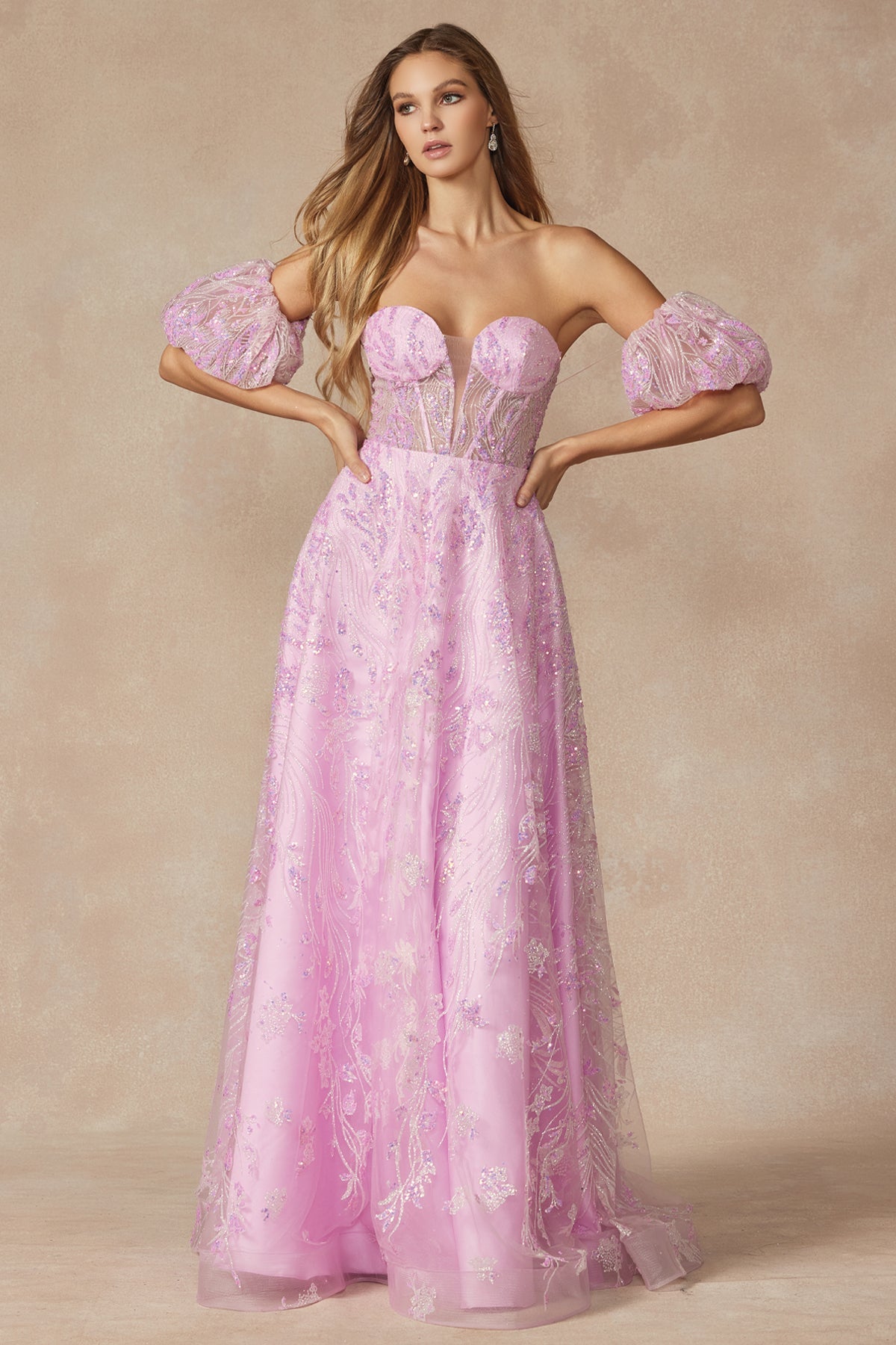 Strapless Sequin Tulle Removable Balloon Sleeves Long Prom Dress JT2404-Prom Dress-smcfashion.com