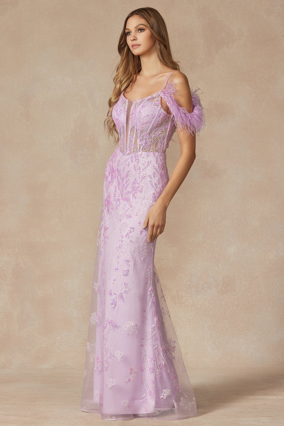 Fully Glitter Corset Bodice Feathers Off The Shoulder Long Prom Dress JT288-Prom Dress-smcfashion.com