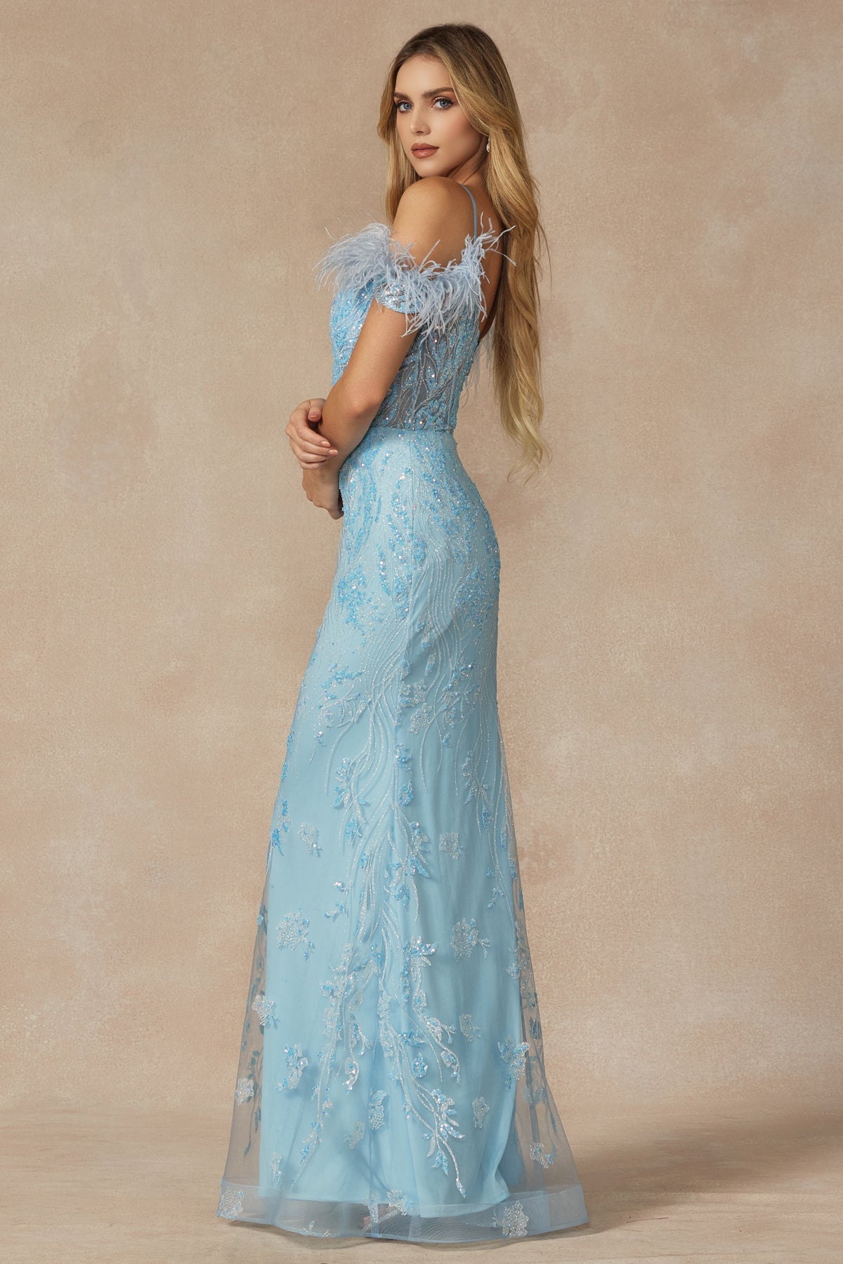 Fully Glitter Corset Bodice Feathers Off The Shoulder Long Prom Dress JT288-Prom Dress-smcfashion.com