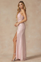 Machine Sequin Corset Bodice Side Slit Long Prom Dress JT289-Prom Dress-smcfashion.com