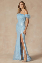 Feather Neckline Off Shoulder High Slit Long Prom Dress JT292-Prom Dress-smcfashion.com