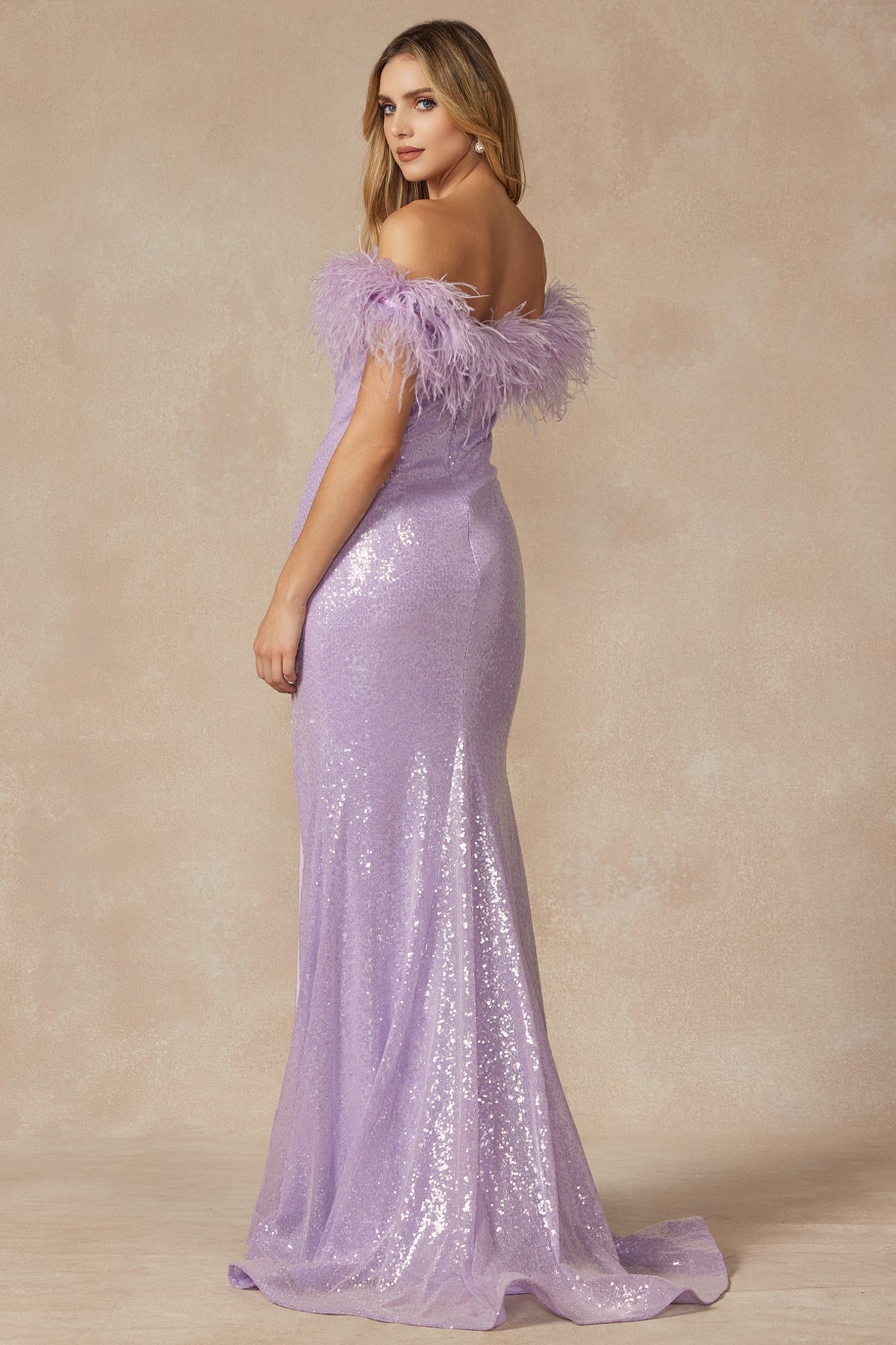 Feather Neckline Off Shoulder High Slit Long Prom Dress JT292-Prom Dress-smcfashion.com