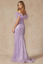 Feather Neckline Off Shoulder High Slit Long Prom Dress JT292-Prom Dress-smcfashion.com