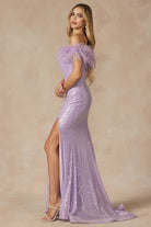 Feather Neckline Off Shoulder High Slit Long Prom Dress JT292-Prom Dress-smcfashion.com