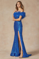 Feather Neckline Off Shoulder High Slit Long Prom Dress JT292-Prom Dress-smcfashion.com