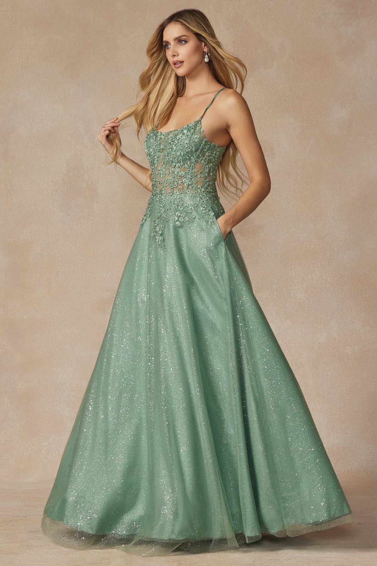 Leaf Lace Corset Bodice Spaghetti Straps Long Prom Dress JT295-All Dresses, Prom-smcfashion.com