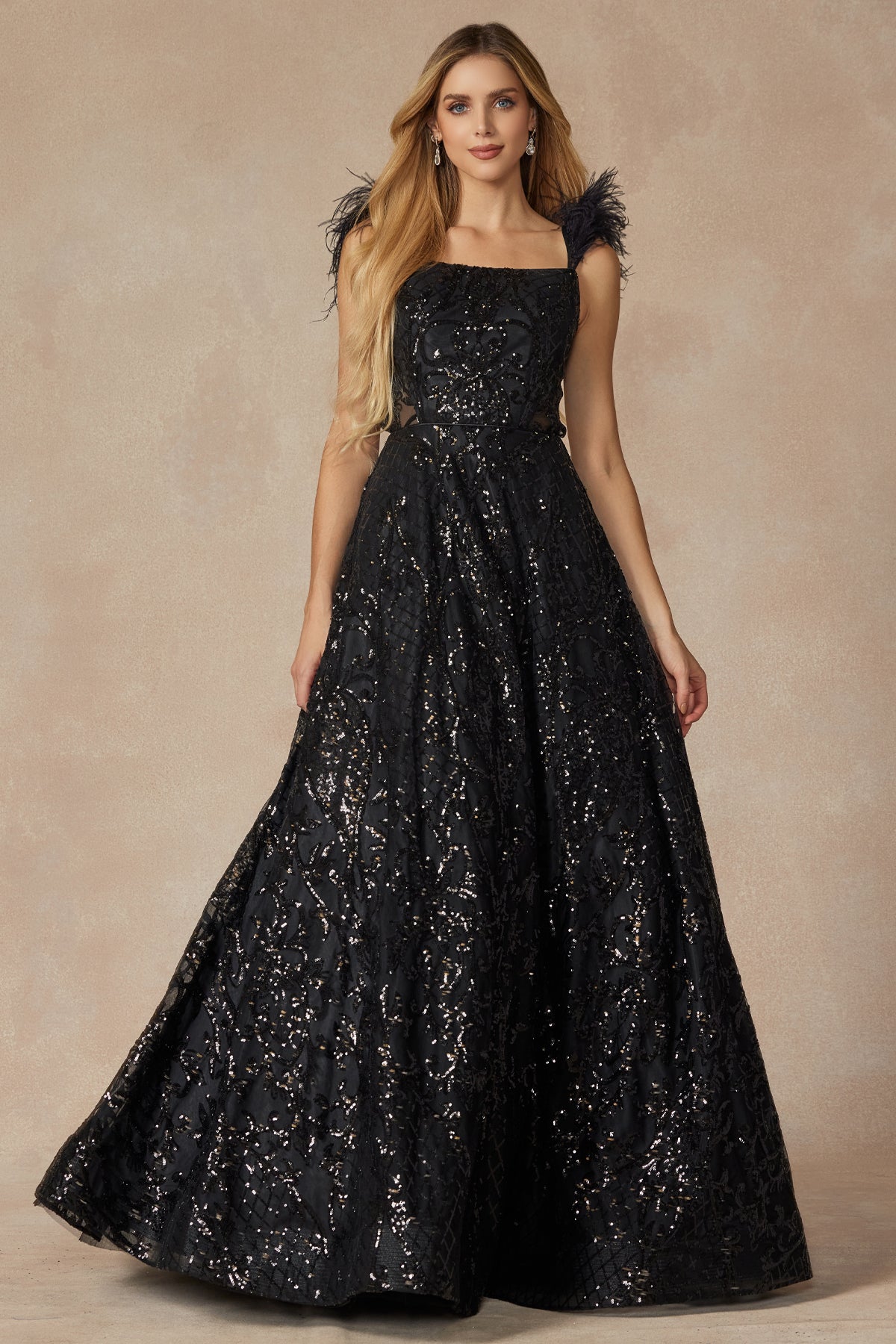 Feathered Cap Sleeve Patterned Sequin A-Line Long Prom Dress JT297-Prom Dress-smcfashion.com