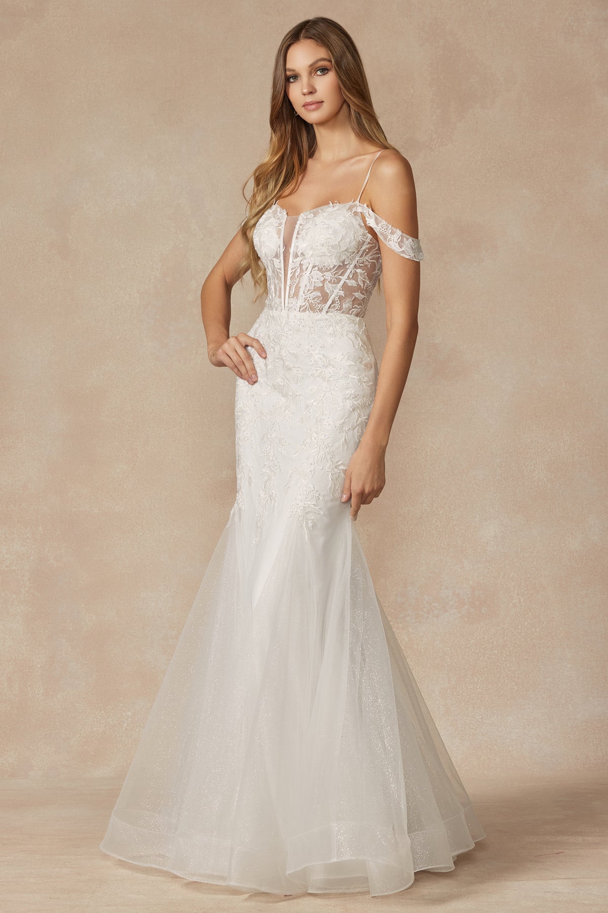 Leaf Lace Embroidered Fitted Plunging Deep V-Neck Long Wedding Dress JT290W-Wedding Dress-smcfashion.com