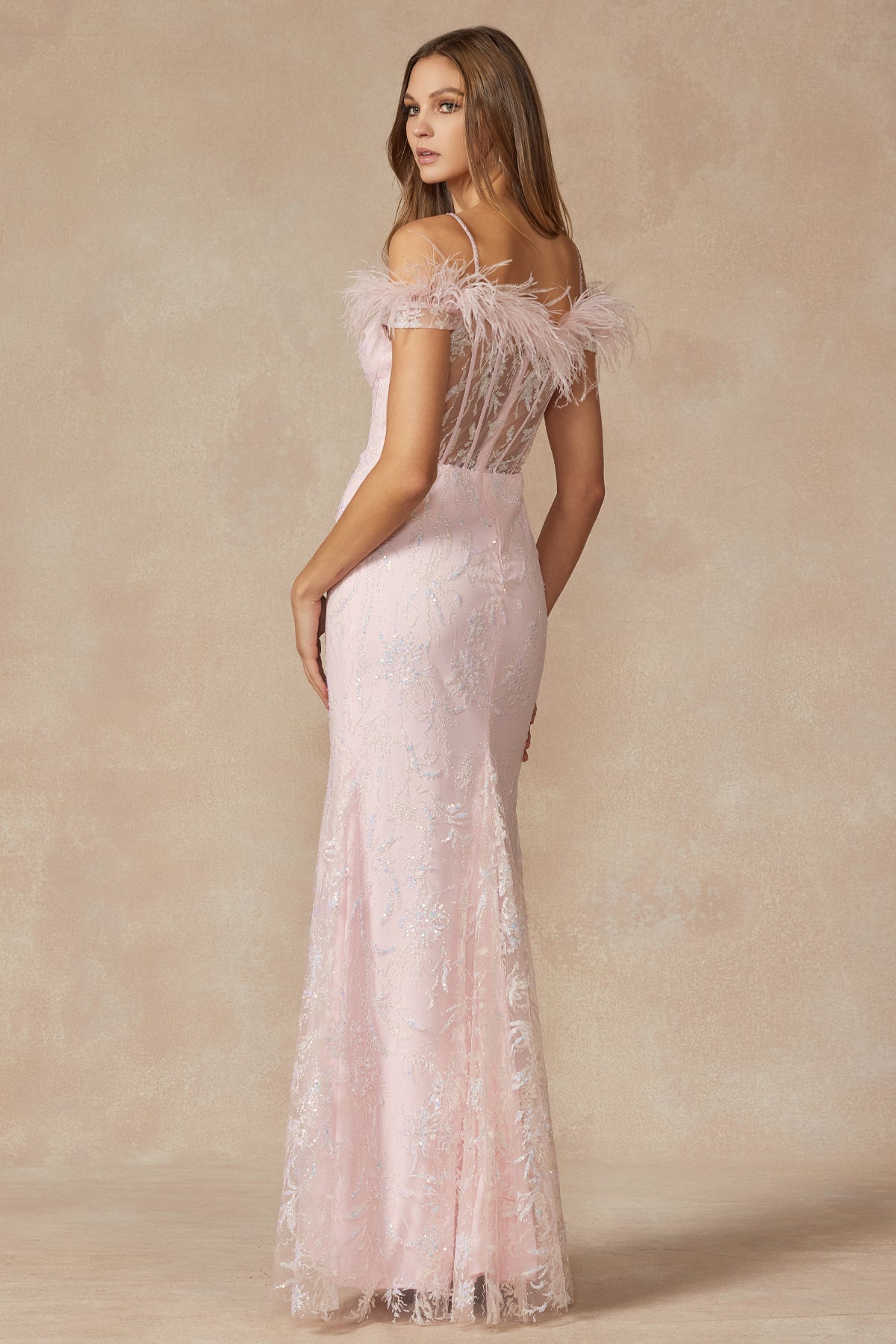 Glitter Leaf Sequin Feathered Sleeves Slit Long Prom Dress JT2402-Prom Dress-smcfashion.com
