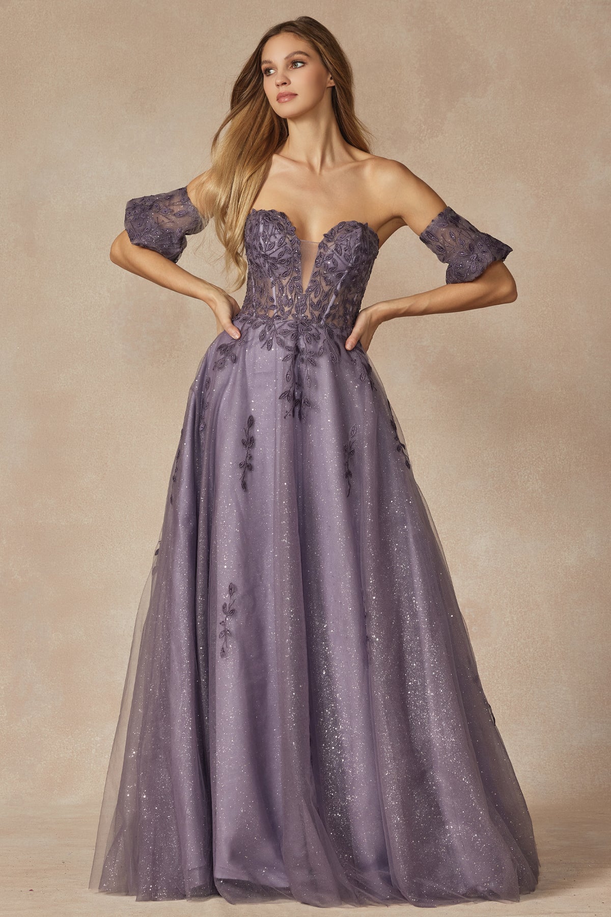Leaf Embroidered Detachable Sleeves Long Prom Dress JT2409-Prom Dress-smcfashion.com