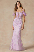 Fully Glitter Corset Bodice Feathers Off The Shoulder Long Prom Dress JT288-Prom Dress-smcfashion.com