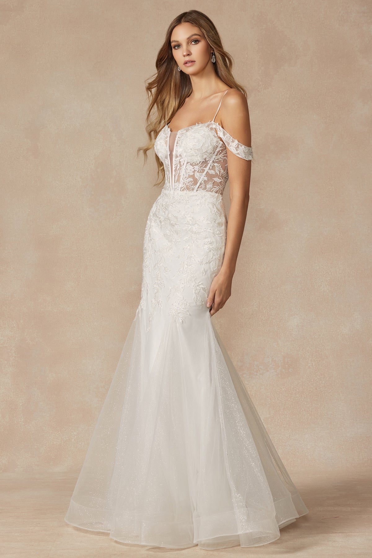 Leaf Lace Embroidered Fitted Plunging Deep V-Neck Long Wedding Dress JT290W-Wedding Dress-smcfashion.com