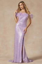 Feather Neckline Off Shoulder High Slit Long Prom Dress JT292-Prom Dress-smcfashion.com