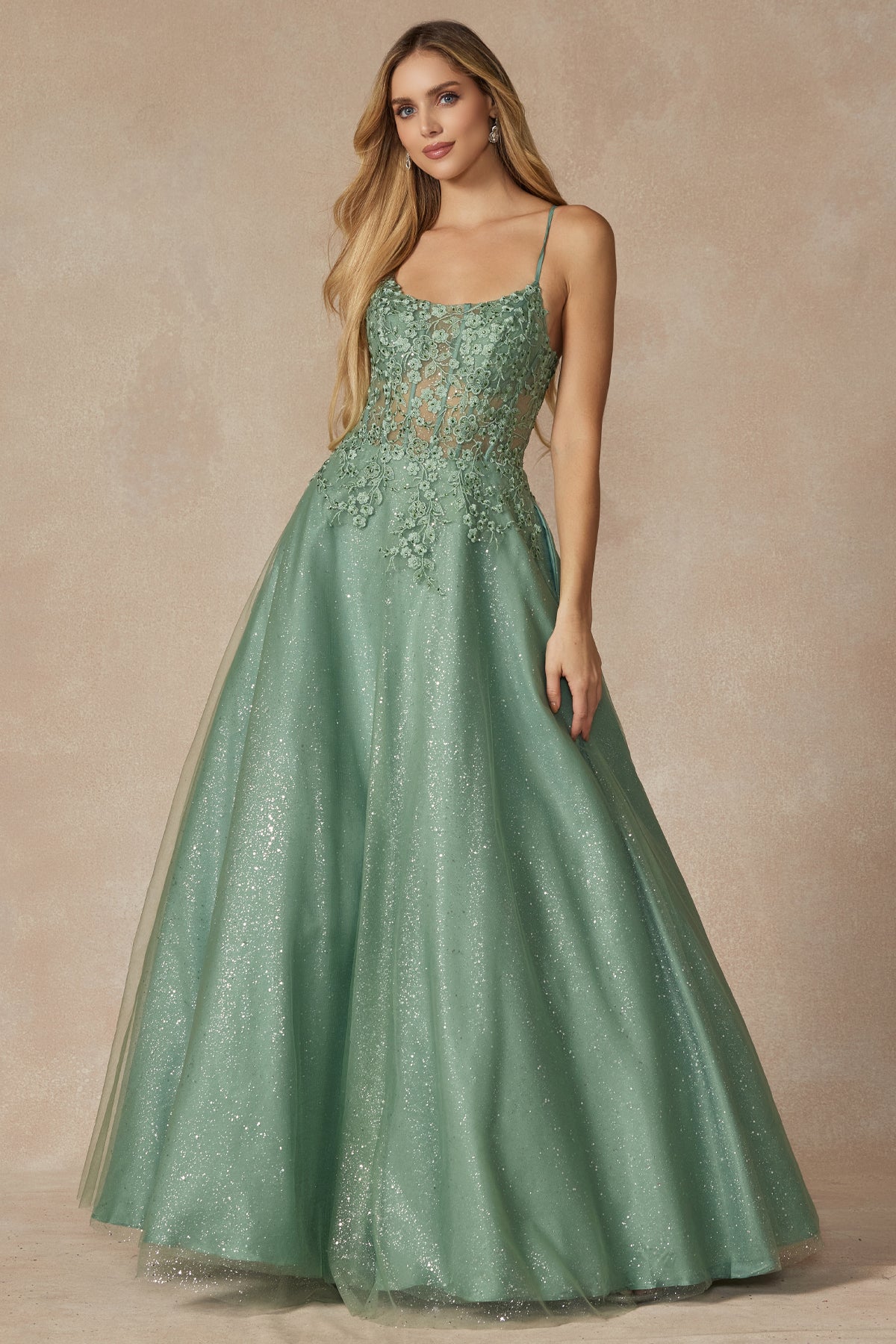 Leaf Lace Corset Bodice Spaghetti Straps Long Prom Dress JT295-All Dresses, Prom-smcfashion.com