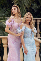 Fully Glitter Corset Bodice Feathers Off The Shoulder Long Prom Dress JT288-Prom Dress-smcfashion.com