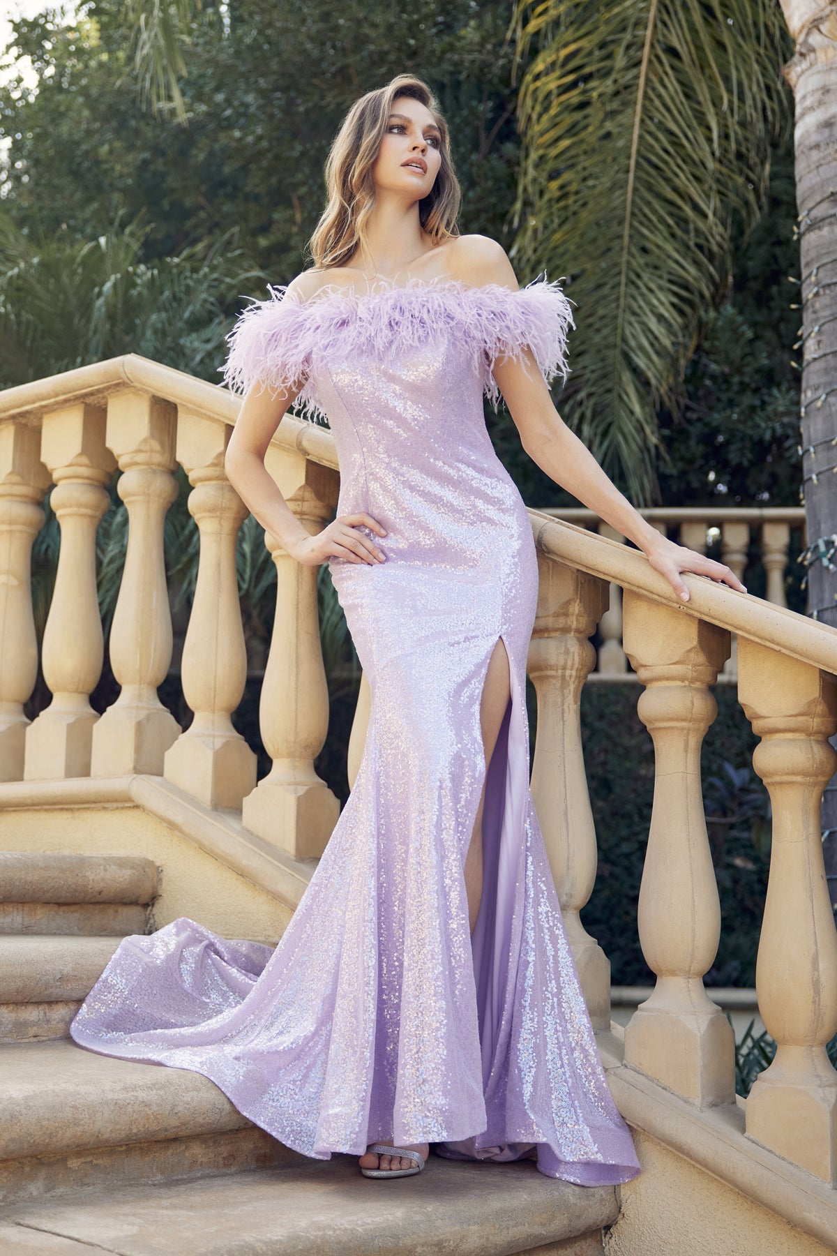 Feather Neckline Off Shoulder High Slit Long Prom Dress JT292-Prom Dress-smcfashion.com