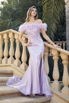 Feather Neckline Off Shoulder High Slit Long Prom Dress JT292-Prom Dress-smcfashion.com