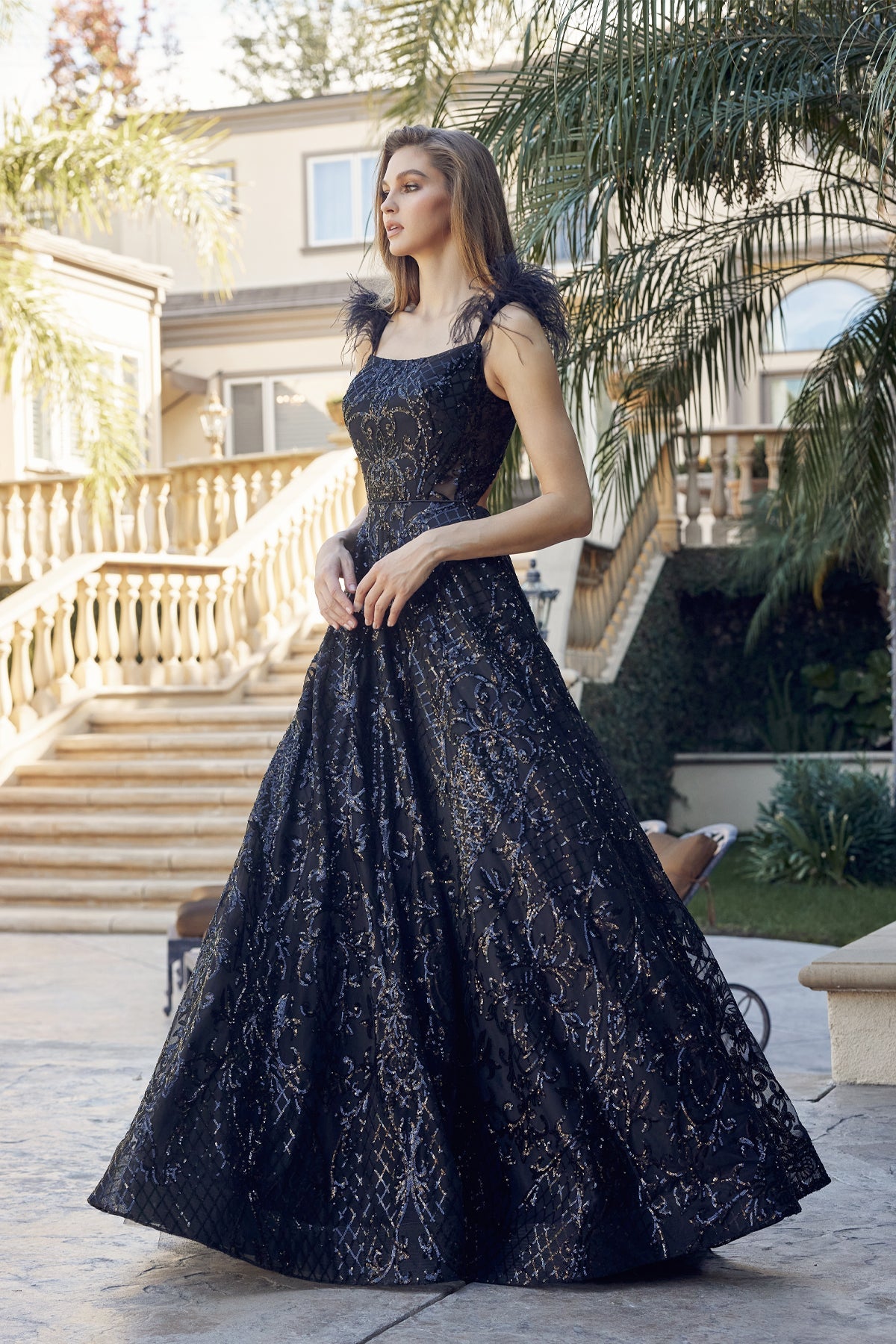 Feathered Cap Sleeve Patterned Sequin A-Line Long Prom Dress JT297-Prom Dress-smcfashion.com