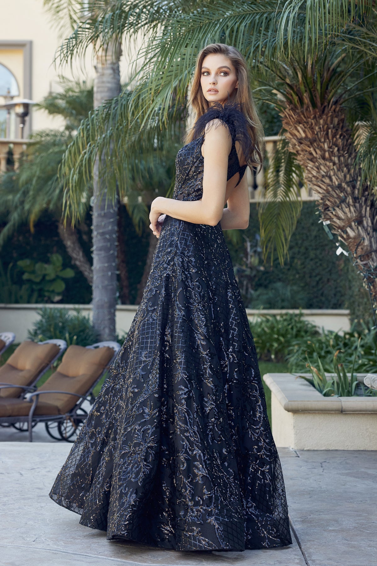 Feathered Cap Sleeve Patterned Sequin A-Line Long Prom Dress JT297-Prom Dress-smcfashion.com