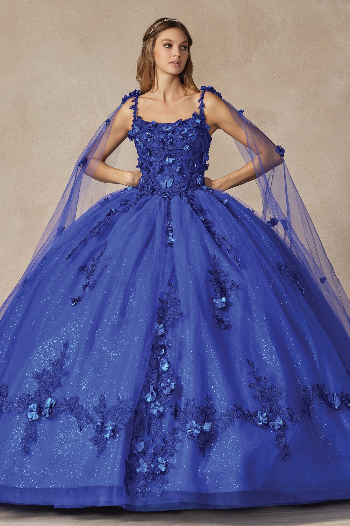 Long Tulle Cape With 3D Flowers Applique Long Quinceanera Dress JT1436-Quinceanera Dress-smcfashion.com