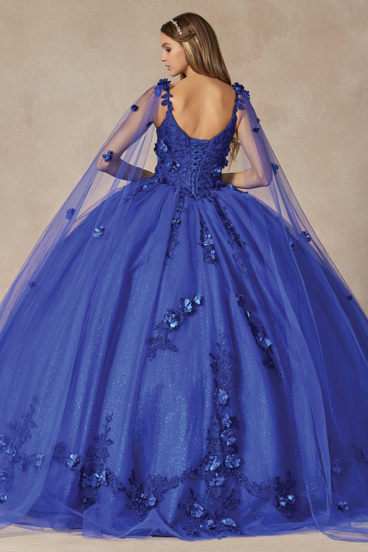 Long Tulle Cape With 3D Flowers Applique Long Quinceanera Dress JT1436-Quinceanera Dress-smcfashion.com
