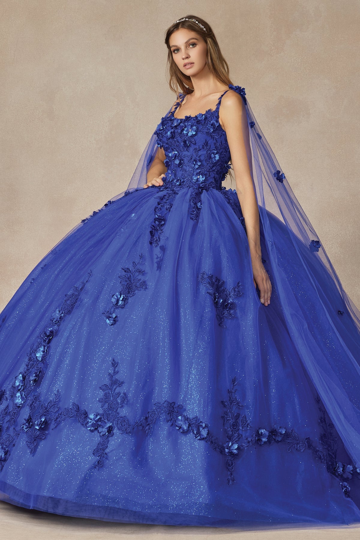 Long Tulle Cape With 3D Flowers Applique Long Quinceanera Dress JT1436-Quinceanera Dress-smcfashion.com