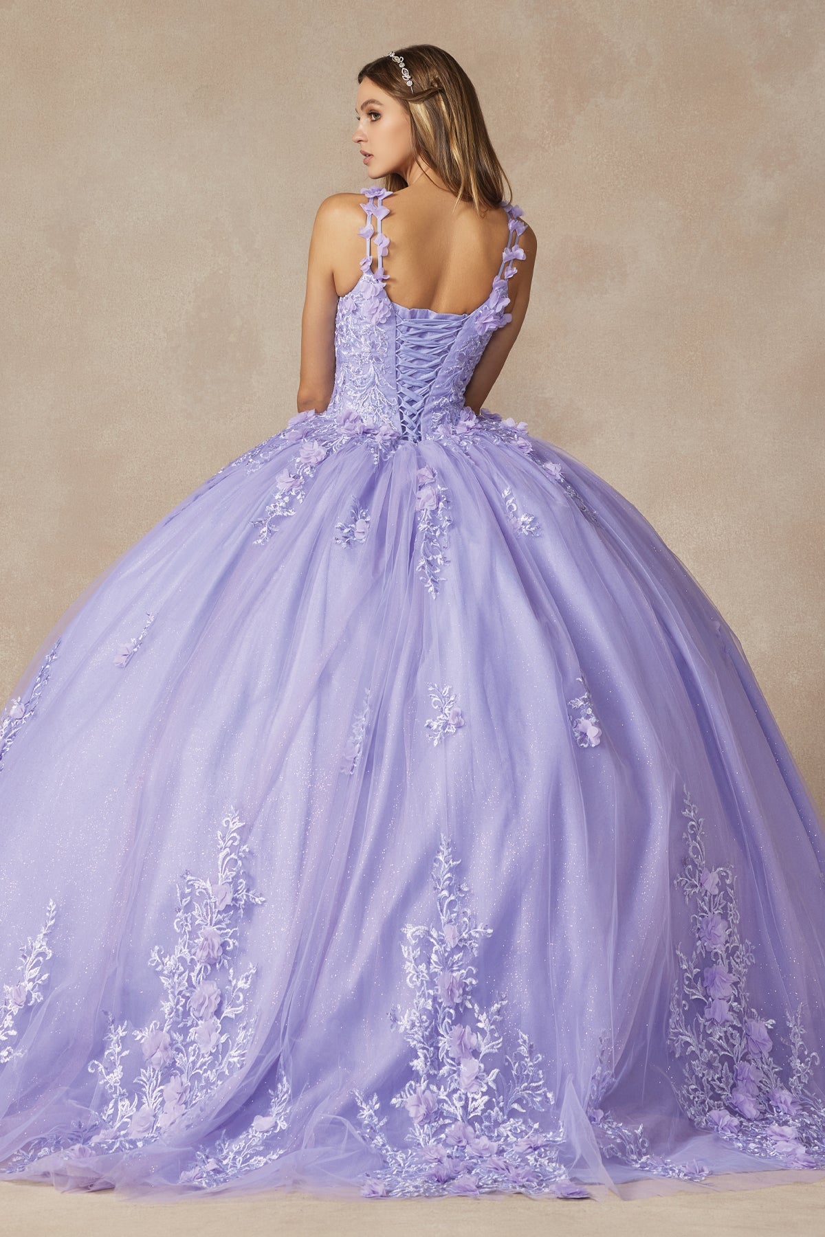 Floral Applique 3D Flowers Straps Long Quinceanera Dress JT1437-Quinceanera Dress-smcfashion.com