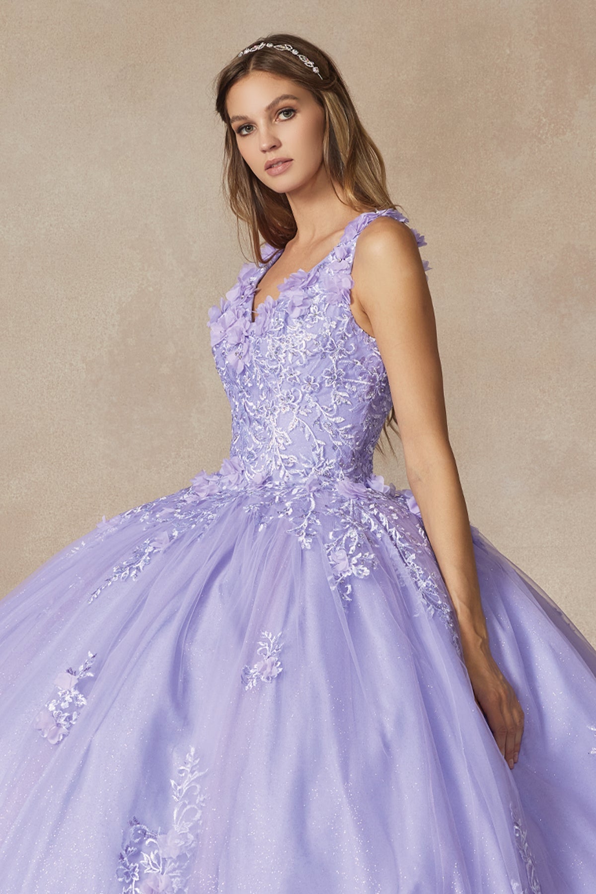 Floral Applique 3D Flowers Straps Long Quinceanera Dress JT1437-Quinceanera Dress-smcfashion.com