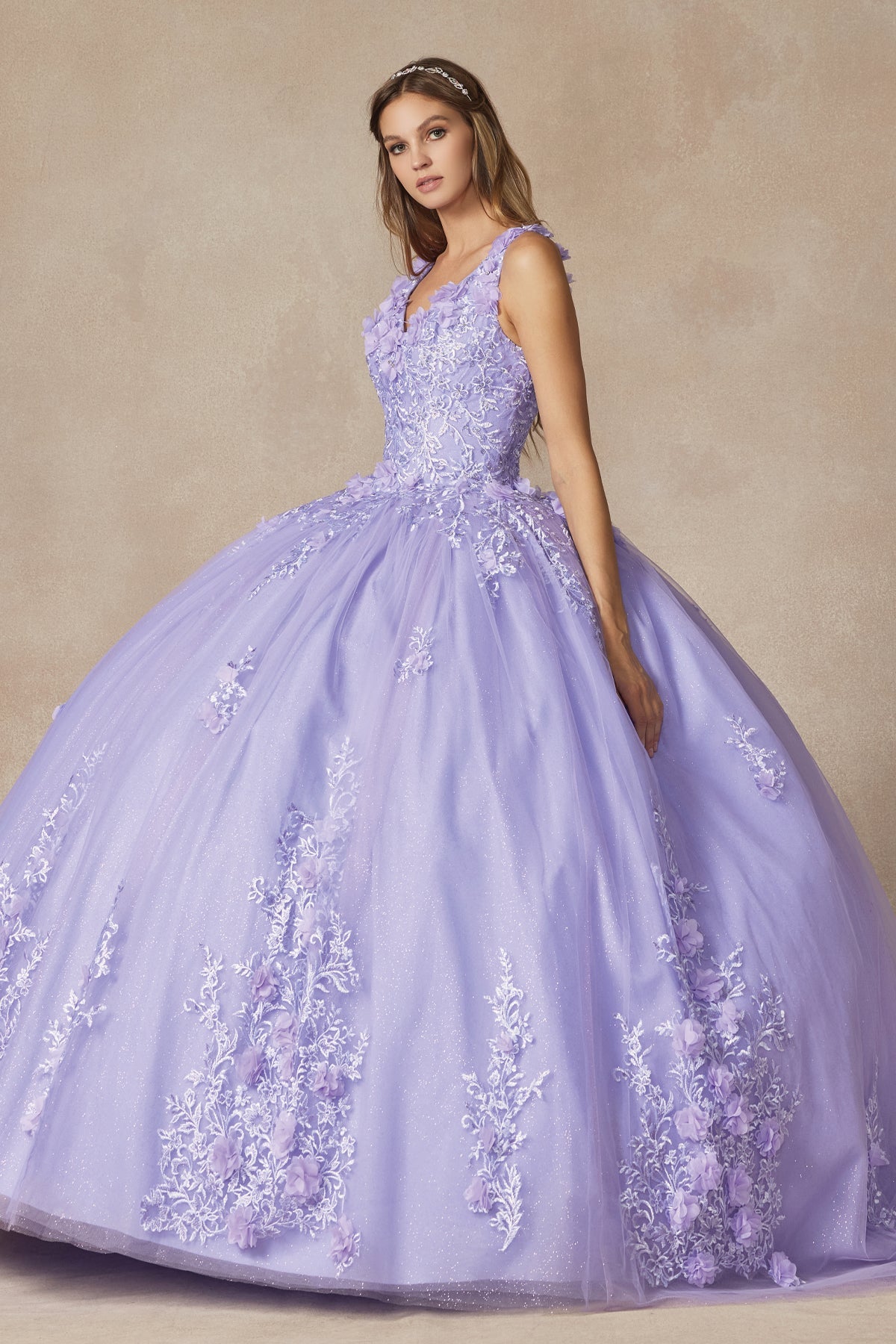 Floral Applique 3D Flowers Straps Long Quinceanera Dress JT1437-Quinceanera Dress-smcfashion.com