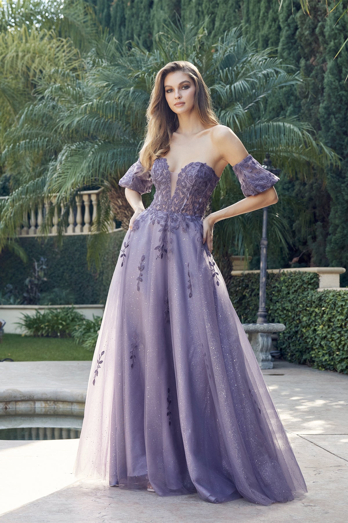 Leaf Embroidered Detachable Sleeves Long Prom Dress JT2409-Prom Dress-smcfashion.com